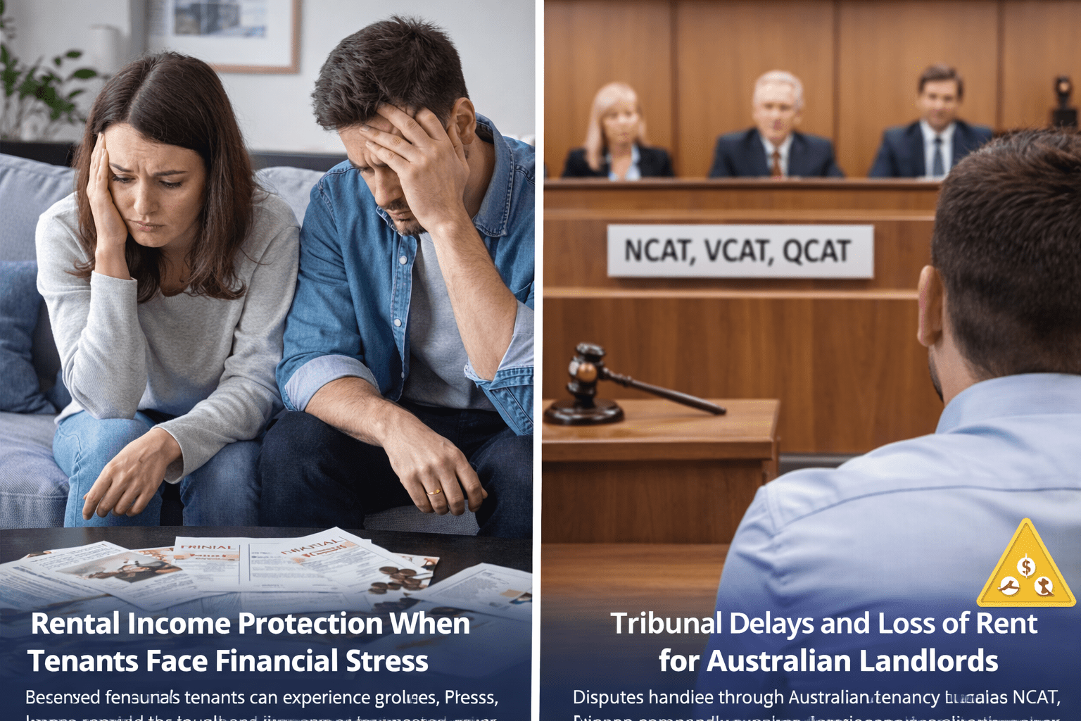 Tenants facing financial stress and an Australian tenancy tribunal hearing representing rental income loss for landlords