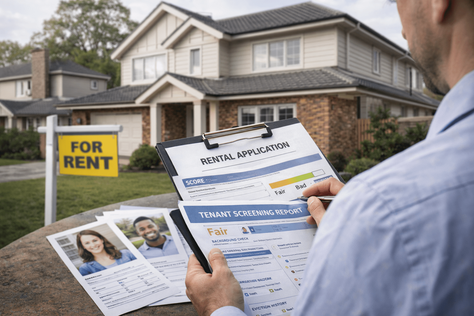 Australian landlord reviewing tenant screening documents in front of a rental property during pre-lease checks