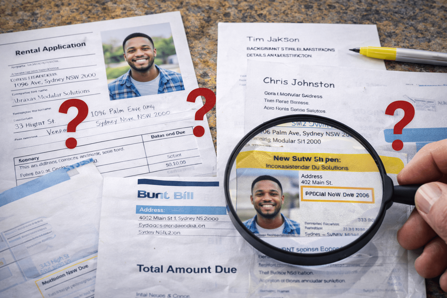 Rental application, identification, and utility bills with mismatched addresses highlighting tenant screening red flags in Australia
