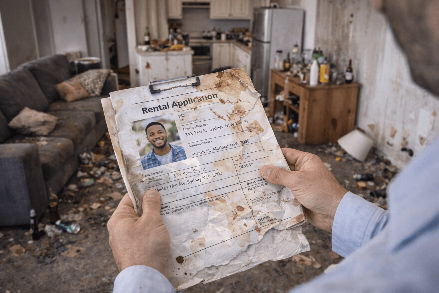 Damaged and stained paper rental application held inside an untidy property during tenant screening for Australian landlords